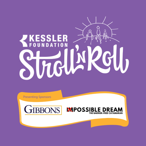 Stroll n Roll Kessler Foundation logo with with sunrise background