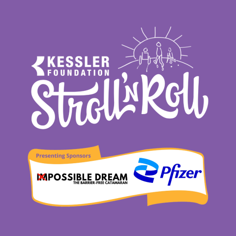purple background stroll n roll logo kessler foundation
