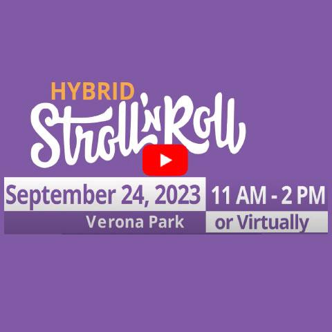 stroll n roll logo with a youtube play button and date of the event
