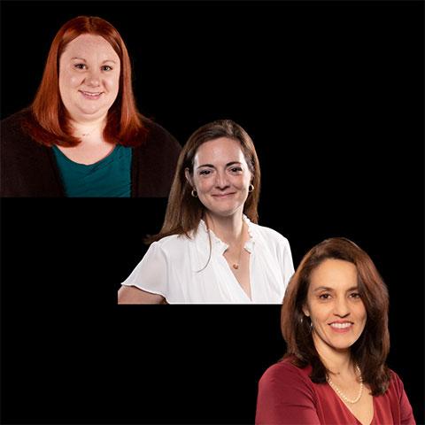 Three headshot pictures of female research scientists on black background