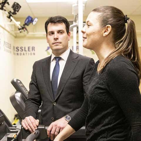Dr. Brian Sandroff monitors a research participant in an MS exercise study at Kessler Foundation. Dr. Brian Sandroff monitors a research participant in an MS exercise study at Kessler Foundation.